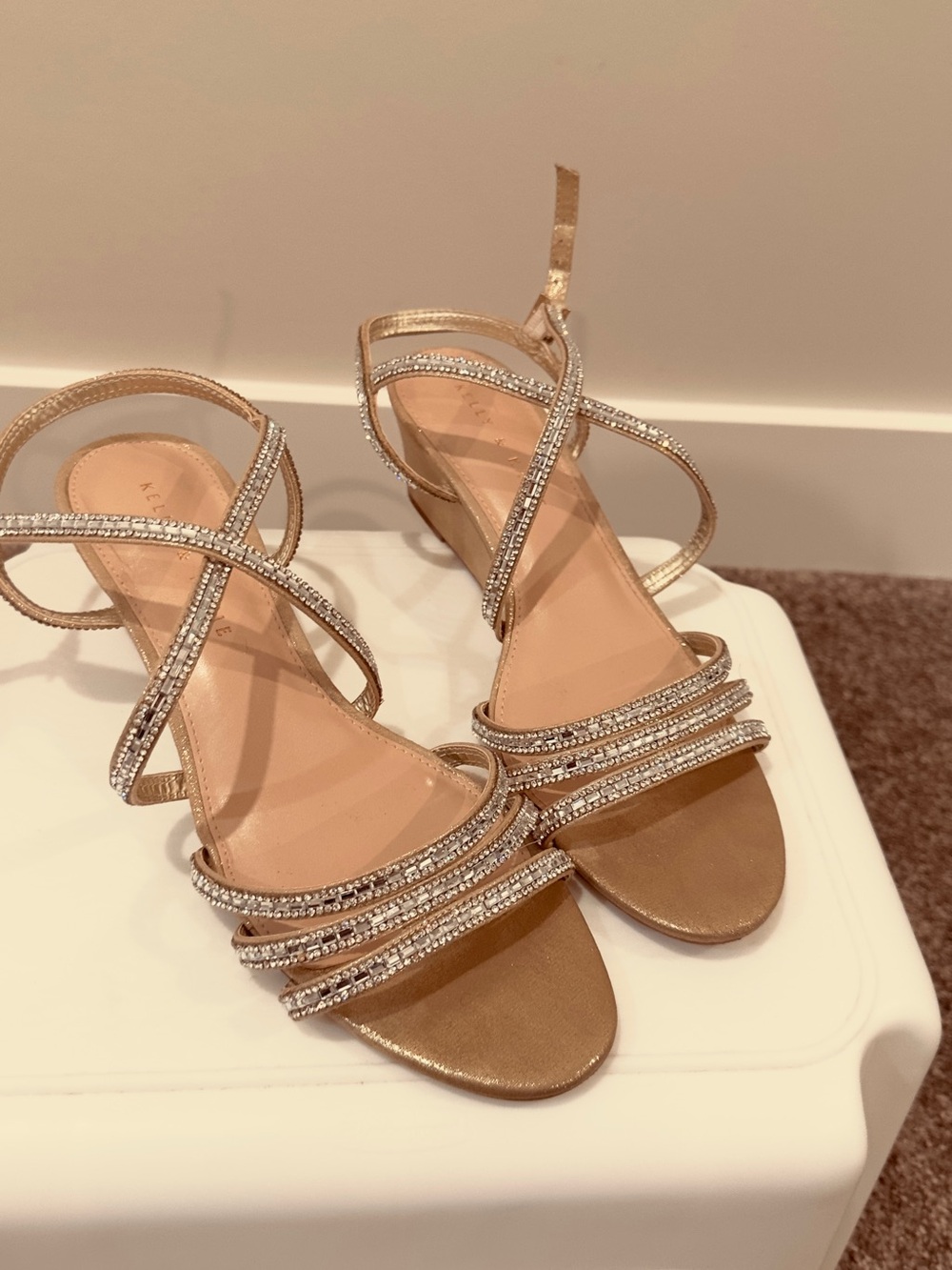 Kelly & Katie Metallic Gold Rhinestone Strappy Heels